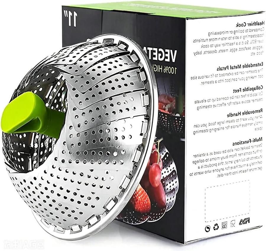 Opvouwbare stoompan van roestvrij staal instelbare groentestomer met anti-hitte handgreep en antislippoten ideaal voor gezonde maaltijden en koken (18 cm tot 28 cm)