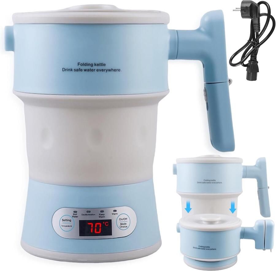 Opvouwbare waterkoker 0 8 l draagbare reiswaterkoker klein van siliconen met multifunctioneel bord smart campingwaterkoker 304 roestvrijstalen bodem BPA-vrij 600 W (lichtblauw)