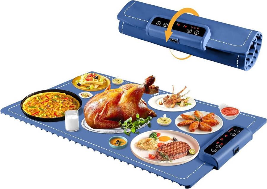 Opwarmbak Elektrisch Draagbare Voedselwarmer met Tijdmodus en Vergrendelingsfunctie Warmhoud bak voor Buffetten Feest Siliconen Verwarmingsbak voor Voedsel Blauw