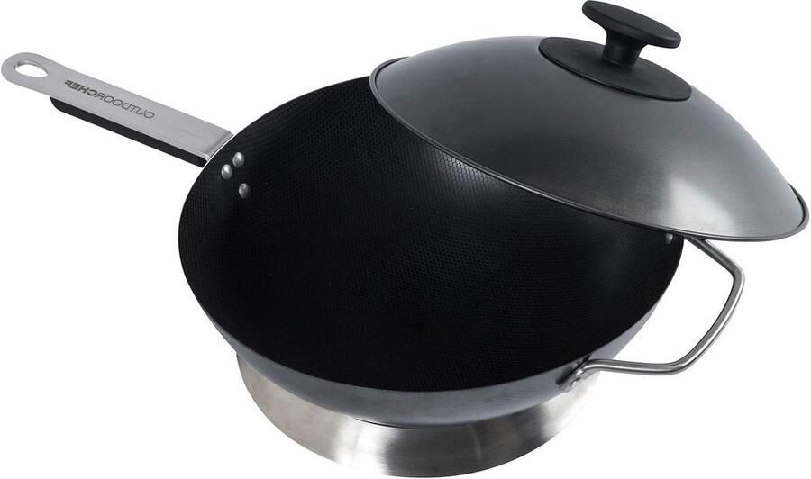 Outdoor Chef Wokpan Wok met Deksel Barbecue Koken Ronde Vorm 27 Liter Zwart