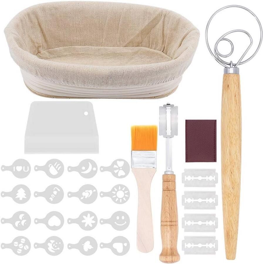 Ovaal Broodrijsmandje van Natuurlijke Rotan Compleet met Broodbakset en Decoratiesjablonen