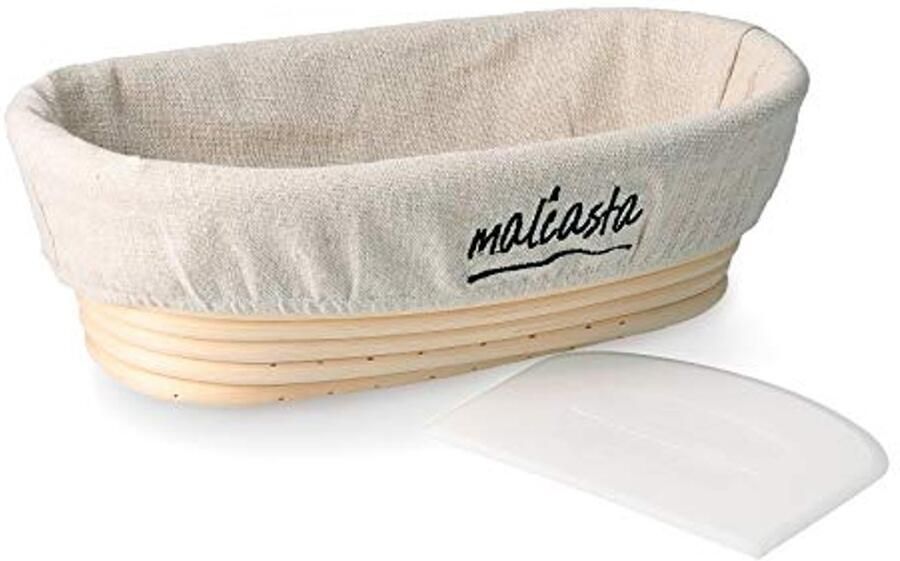 Ovaal Gaarmandje Inclusief Deegschraper en Linnen Inzetstuk Rieten Broodmand (35 x 15 x 8 cm)