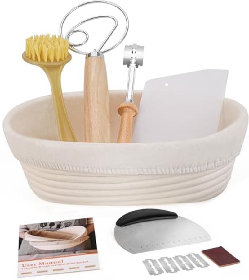 Ovaal Rijsmandje voor Brood Bakken 25 x 15 x 8 cm Set met Schraper en Linnen