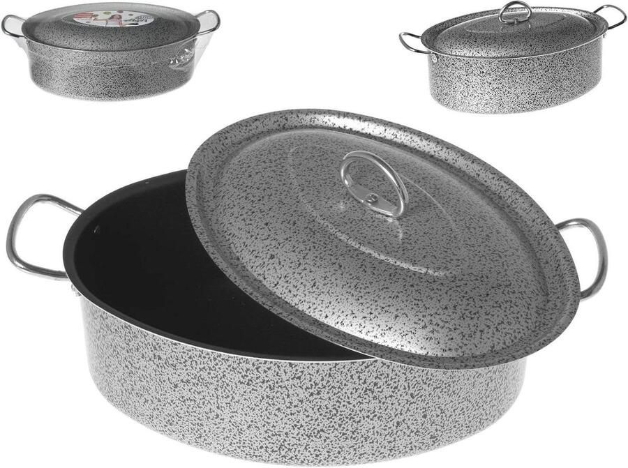 Ovale Braadpan Kookpan Deksel Ovenschotel Maken Non-stick Coating 32 cm Zwart