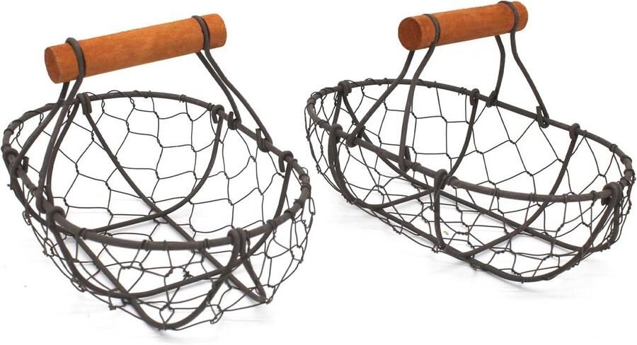 Ovale eiermanden van kippengaas met houten handvat Set van 2 in vintage stijl
