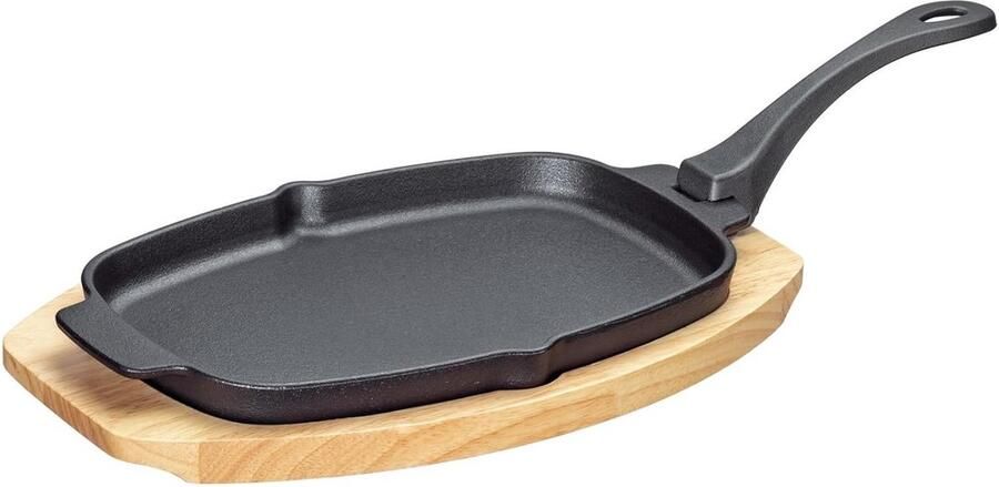 Ovale Gietijzeren Serveerpan op Houten Plank met Afneembaar Handvat