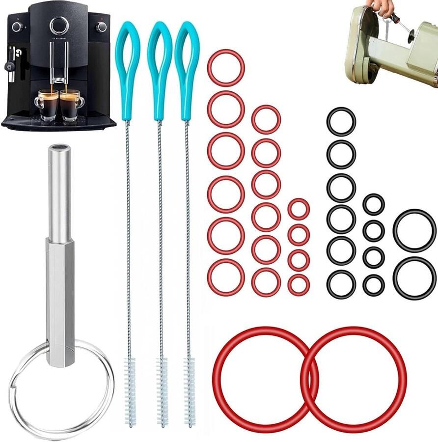 Ovale kopsleutel met sleutelring en 60-delige set O-ringen en reinigingsborstels voor koffiezetapparaat universeel onderhouds gereedschap en accessoires voor optimale prestaties