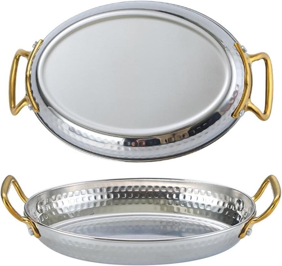 Ovale Paellapan Gepolijst Staal Zeevruchten Koken Dubbele Handgrepen 14 cm Zilver
