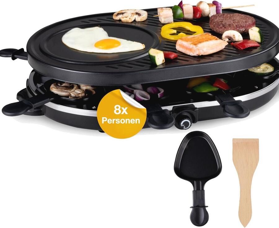 Ovale Raclette Grill voor 8 Personen Tafelgrill met Grillplaat en Crêpes Functie