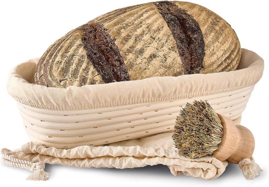 Ovale Rijsmand voor Brood Duurzame Wicker Mand 28 cm Inclusief Borstel en Linnen Voering