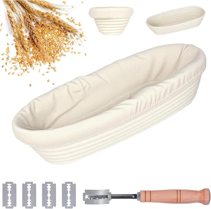 Ovale rijstmand 35 cm met linnen voering en bakkersmes set voor brood bakken en rijzen van deeg