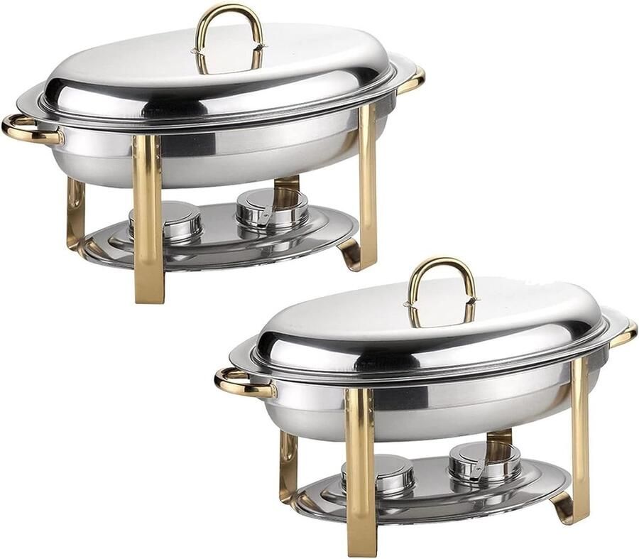 Ovale Stoofschotel Set Buffetwarmer Voedselpan Feestelijk Serveren Zes Liter Inhoud 58x34x33 cm Goud