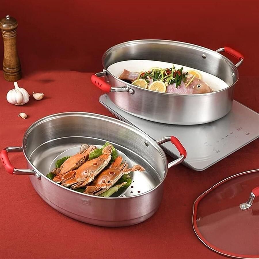 Ovale Stoompan Vis Stomer Gezond Koken Grote Capaciteit Roestvrij Staal Zilver