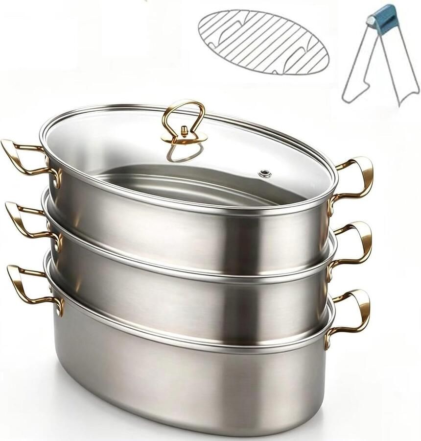 Ovale Stoompan Vis Stomer Gezond Koken Roestvrij Staal 304 3 Lagen Zilver
