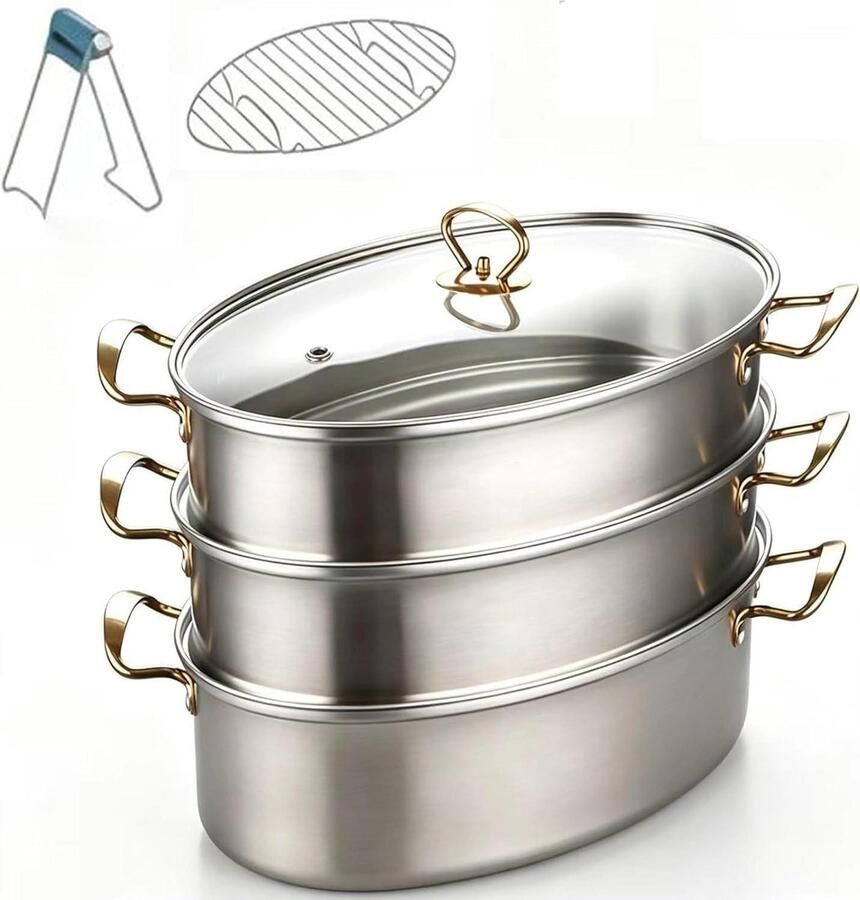 Ovale Stoompan Visstomer Stoofpot Gezond Koken Roestvrij Staal 304 3 Lagen Zilver