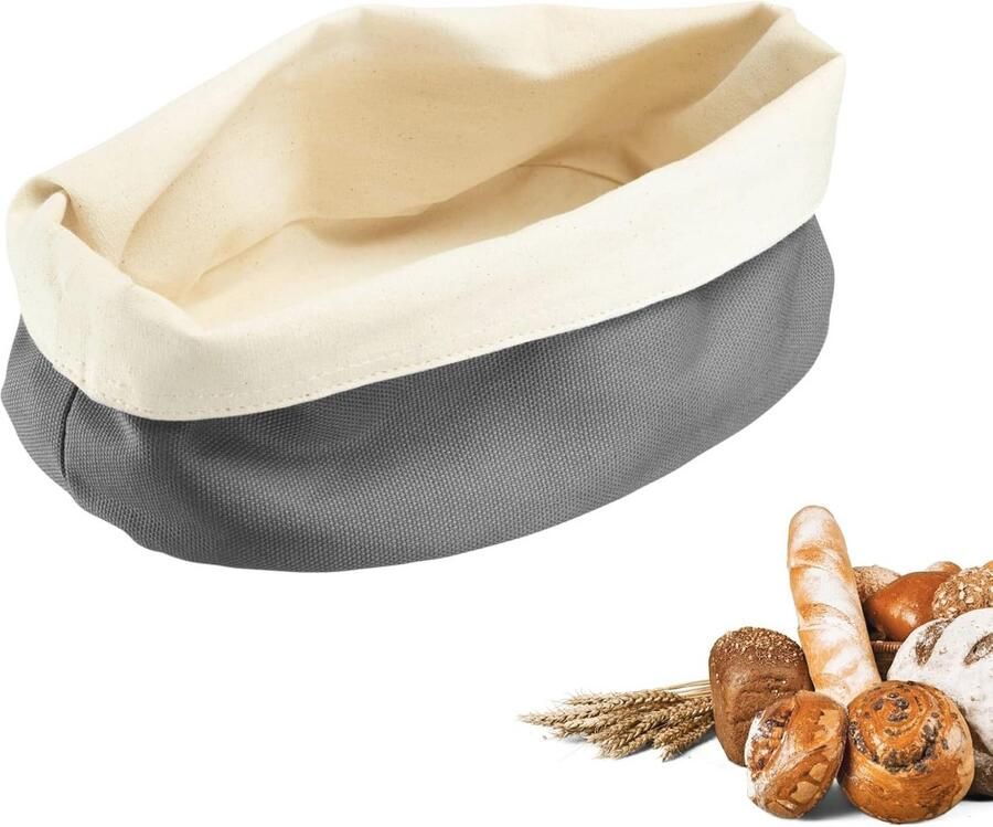 Ovalen Broodzak Stoffen Broodmand voor Brood Bolletjes Gebak & Fruit Moderne Broodopslag van Katoen Antraciet Beige 25 x 18 cm