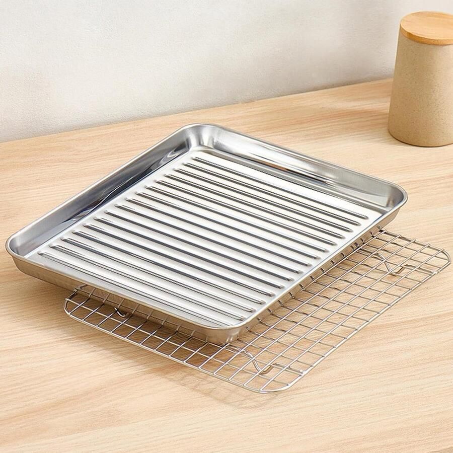 Oven Bakplaat Set Bakplaat met Rooster Bakken en Braden Roestvrij Staal 440x320mm Zilver