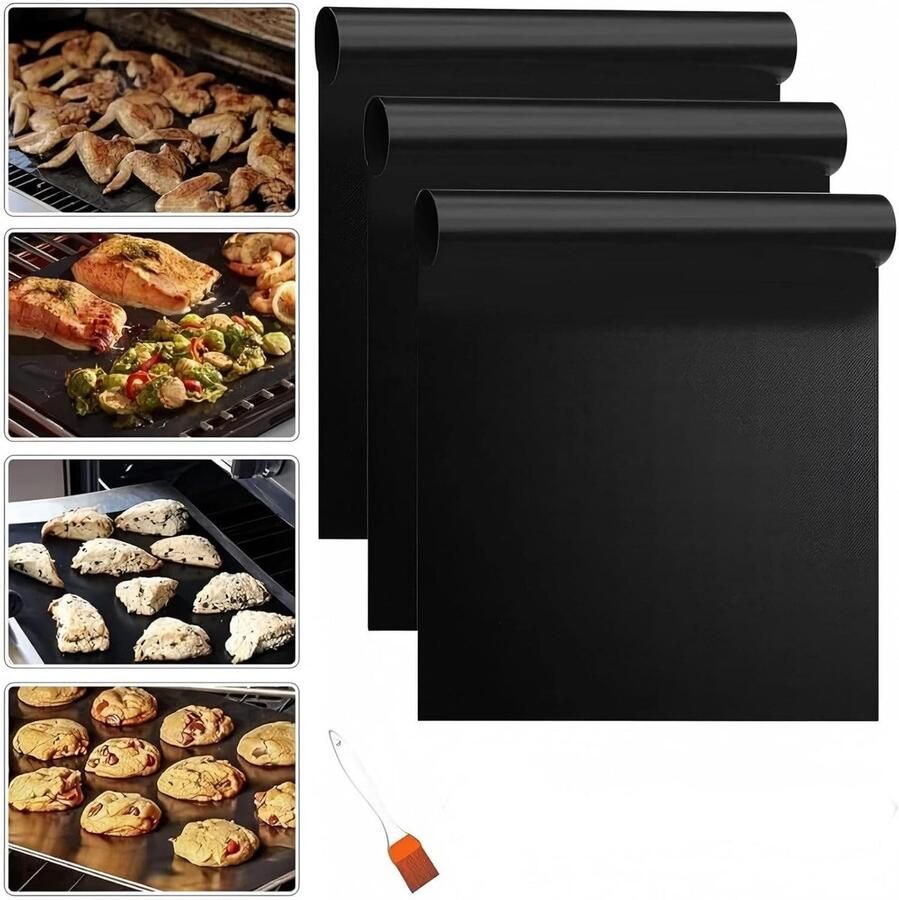 Oven Bodem Beschermers Ovenmatten Bakplaat Oven Schoonhouden Hittebestendig tot 200°C 3 stuks 61x40 cm Zwart
