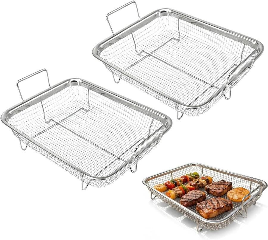 Oven Grillmand Bakmand Roestvrij Gelijkmatig Grillen Versterkte Handgrepen 30 x 22 cm Zilver