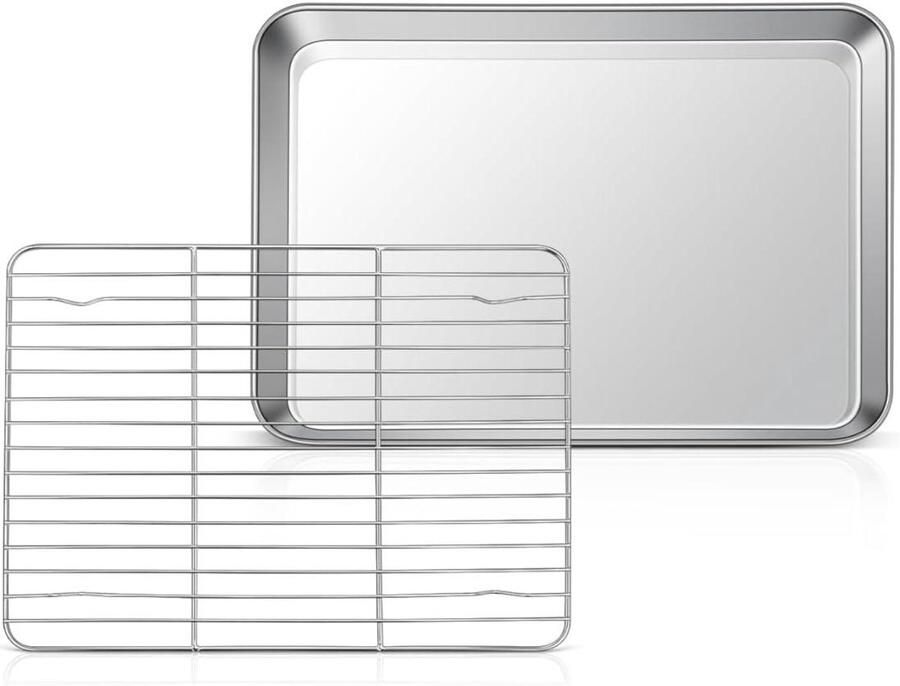 Oven Pan met Rooster Bakplaat Bakset Koekjes Bakken Roestvrij Staal 26.5 cm Zilverkleurig