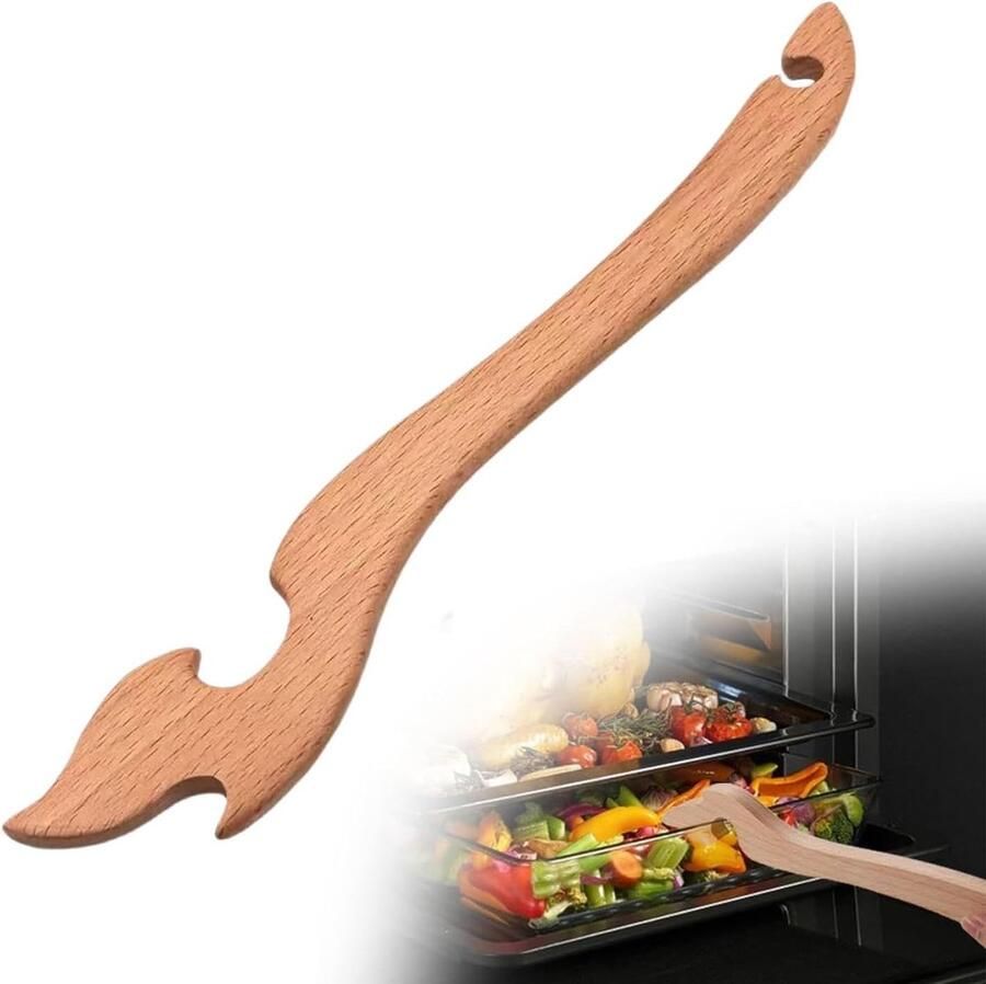 Oven Rektrekker Houten Keukengadget Veilig Hete Platen Lange Ergonomische Steel 28 cm Houtkleur