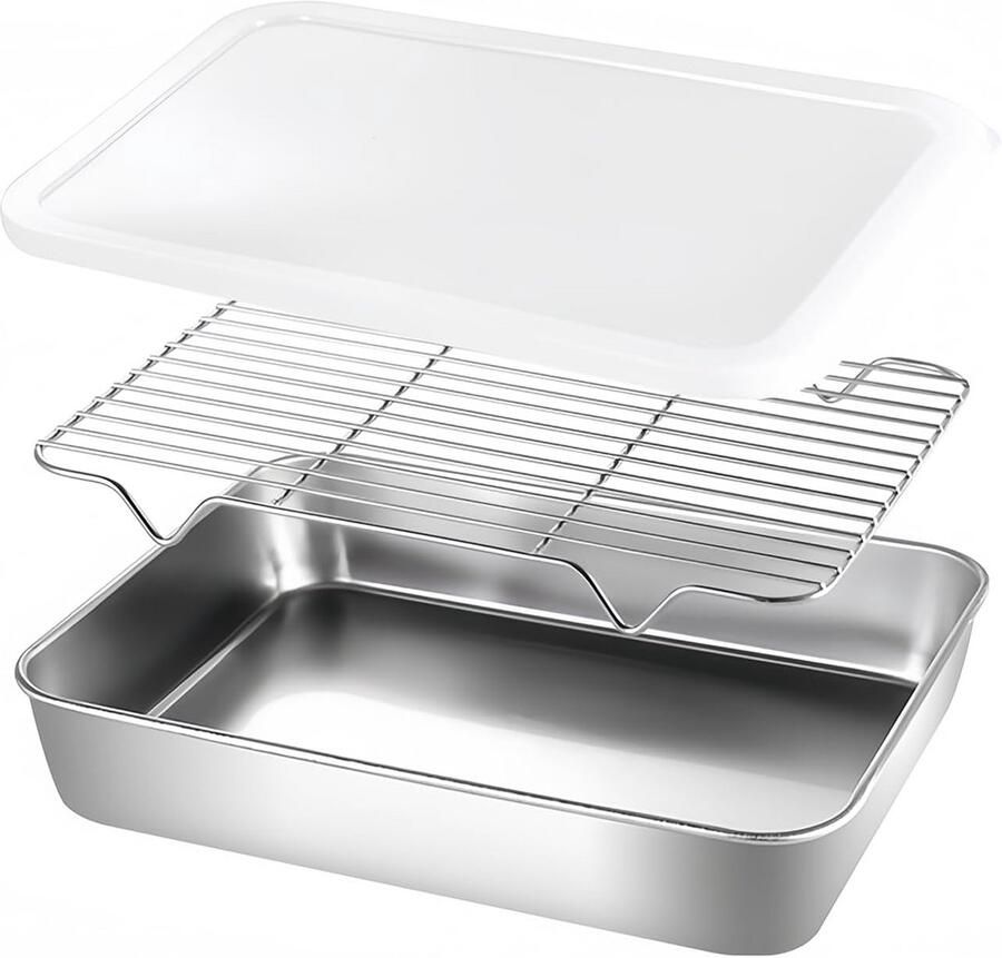 Oven Schaal met Deksel en Rooster voor Bakken en Grillen Stainless Steel - Foto 1
