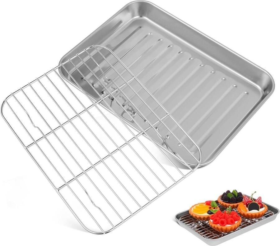 Ovenbakplaten met rooster Bakplaten set Bakken en braden Roestvrij staal 23.5x17.6x2.5cm Zilver - Foto 1