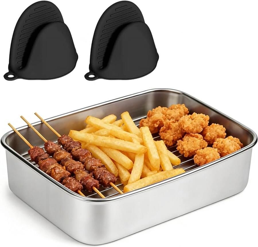 Ovenplaat van RVS voor Airfryer Roestvrijstalen Bakplaat met Handvatten Geschikt voor Bakken en Grillen Ideaal voor Oven en Airfryer Gebruik - Foto 1