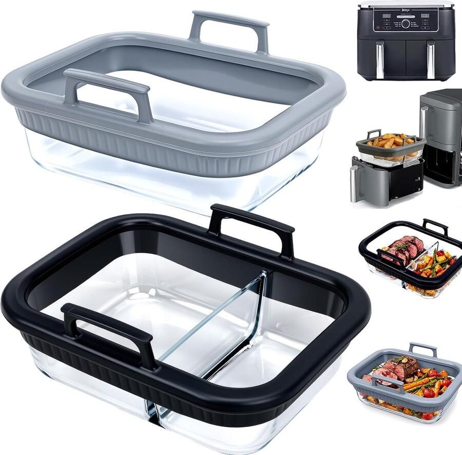 Ovenschaal Airfryer 2 stuks voor COSORI Ninja AF400 AF500 SL400 glazen airfryer accessoires voor COSORI-heteluchtfriteuse met 2 kamers 2 deksels BPA-vrij afneembare siliconen ring
