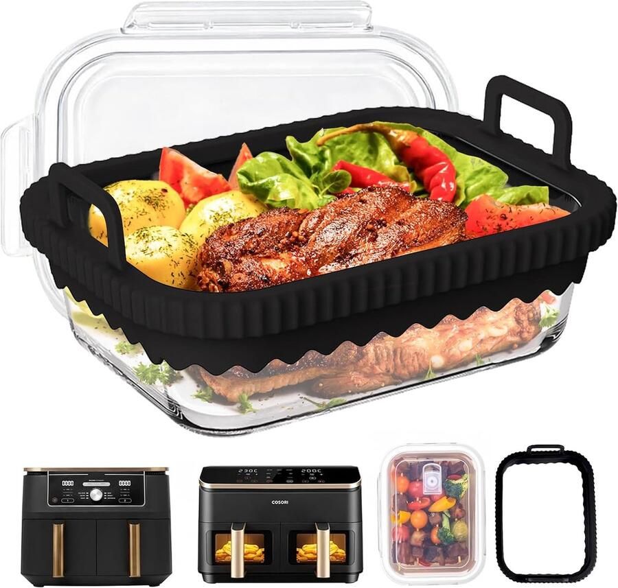Ovenschaal airfryer voor Ninja AF400EU DZ400EU AF500EU COSORI heteluchtfriteuse met 2 kamers met siliconen handgrepen BPA-vrij uitneembare siliconen ring vaatwasmachinebestendig