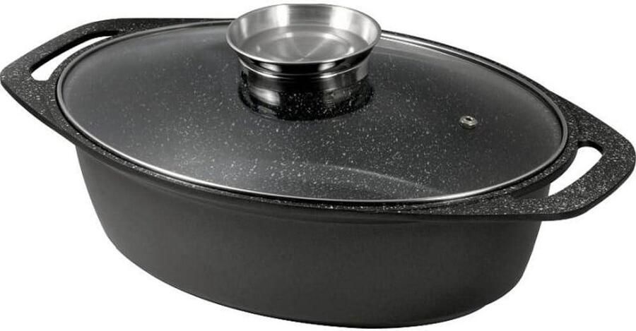 Ovenschaal met Deksel Braadpan Schotel Koken en Stoven Gegoten Aluminium 32 x 24 cm Zwart