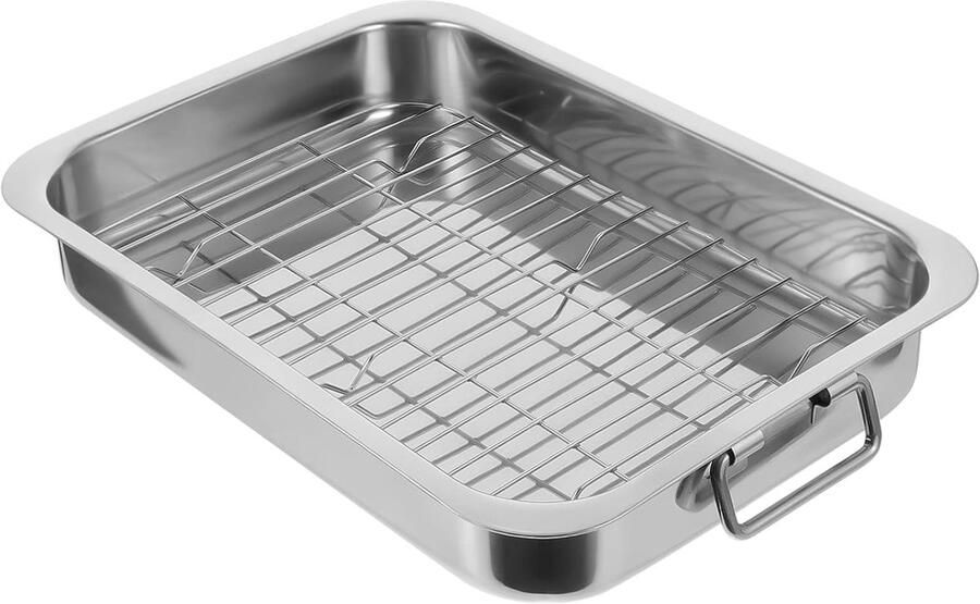 Ovenschaal Met Rooster Braadslede Bakplaat Bakken En Braden Verdikt Roestvrij Staal 36x26x6 Cm Zilver