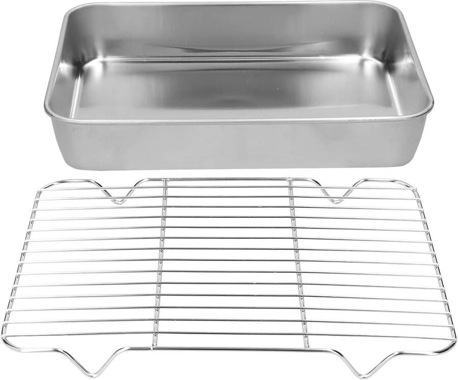 Ovenschaal met Rooster Braadslede Bakplaat Gelijkmatig Bakken Efficiënte Drainagelijnen 23.5 x 17.5 x 5CM Zilver