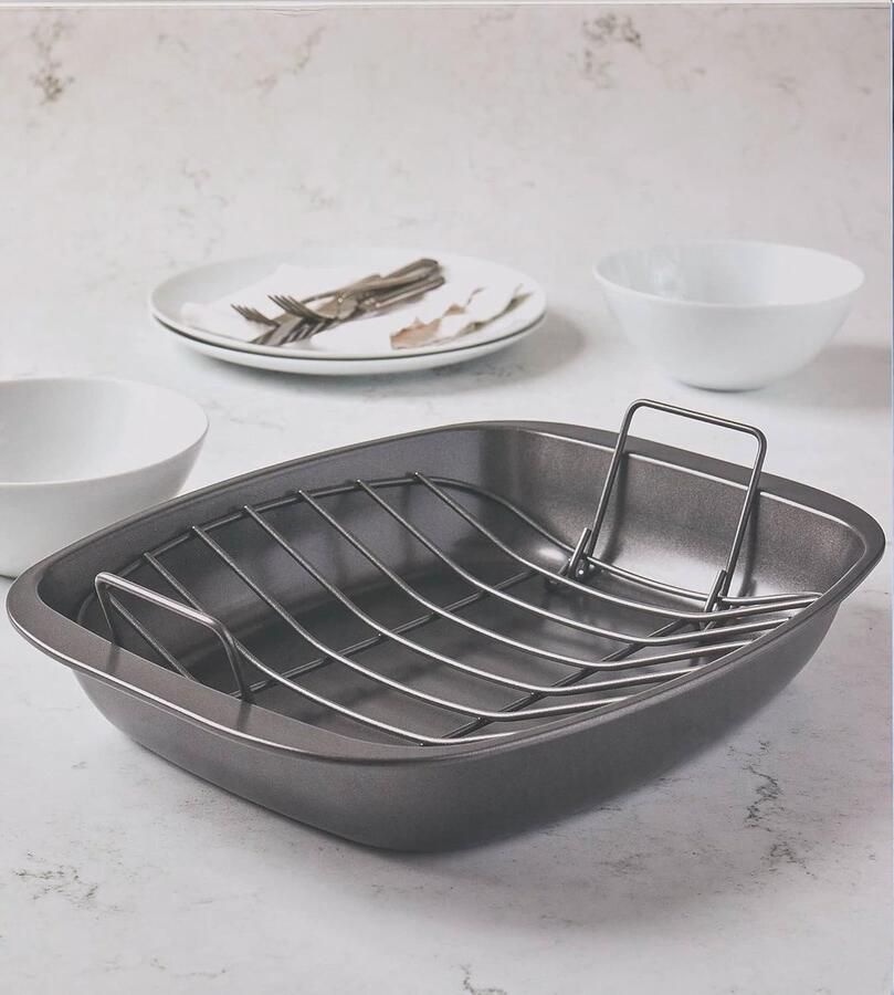 Ovenschaal met Rooster Braadslede Bakplaat Vlees Garen Afneembaar Rooster 40x20x7.5 cm Grijs