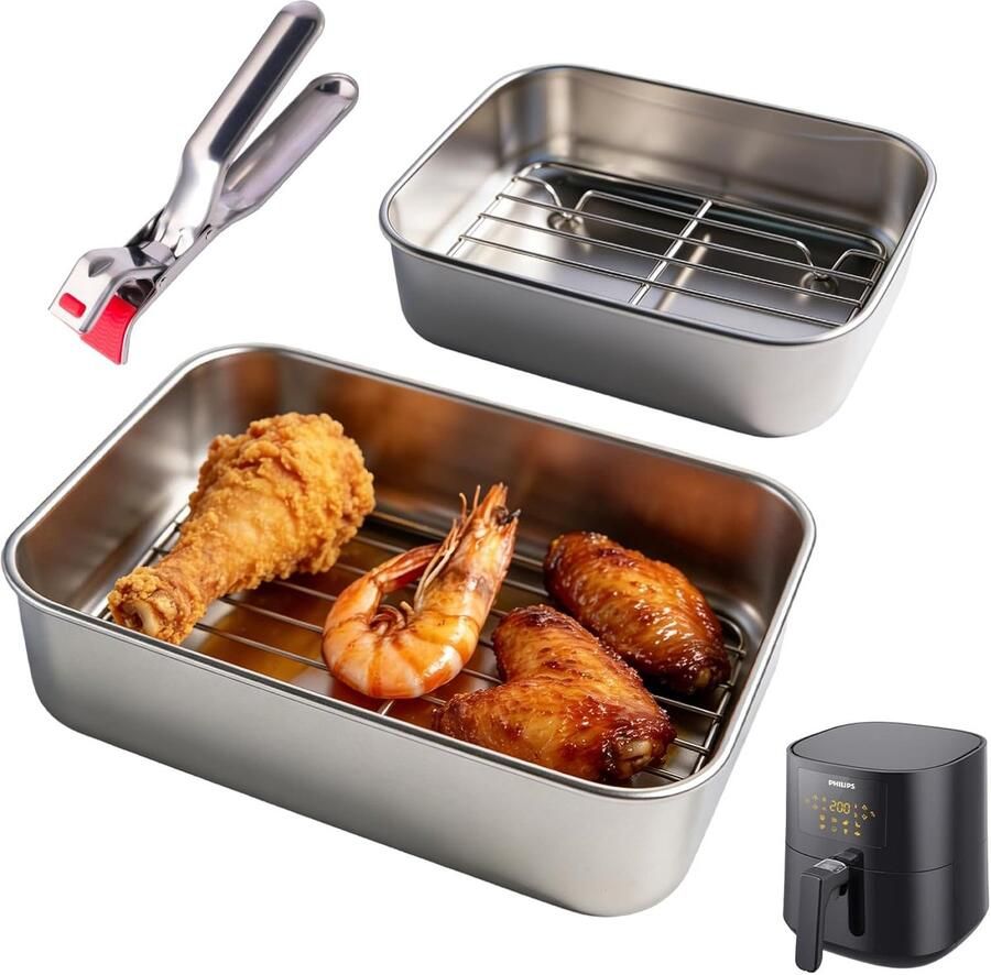 Ovenschaal voor airfryer 2-delige set met afdruiprooster en afdichtingsdeksel heteluchtfriteuse accessoires voor Ninja Cosori Philips BPA-vrij geurloos robuust en met