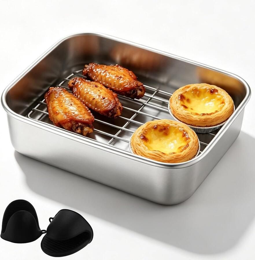 Ovenschaal voor Airfyer: roestvrij stalen ovenschaal set 304 braadpan met zeef roestvrijstalen braadpan met afdruipzeef & hittebestendige handgrepen veelzijdige heteluchtfriteuse
