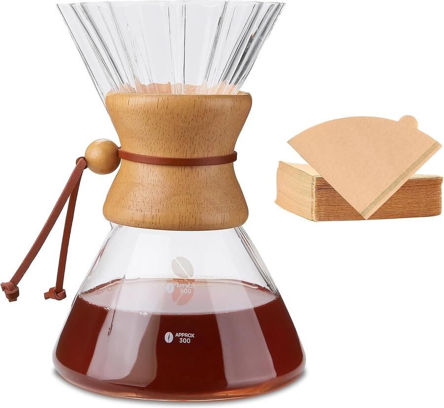 Over Koffiezetapparaat 28oz 550 ml Hoge Warmte Borosilicaat Glas Koffiekaraf met 100 vellen Papierfilters Houten Kraag & Lederen Touw Glazen Koffie Druppelaar Transparant