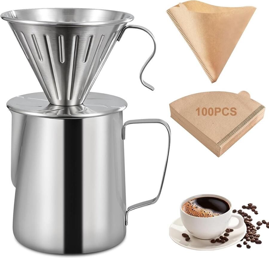 Over koffiezetapparaat roestvrij staal met koffiefilterhouder 100 papieren filters en 600 ml melkopschuimer voor thuis kantoor camping druppelkoffieset