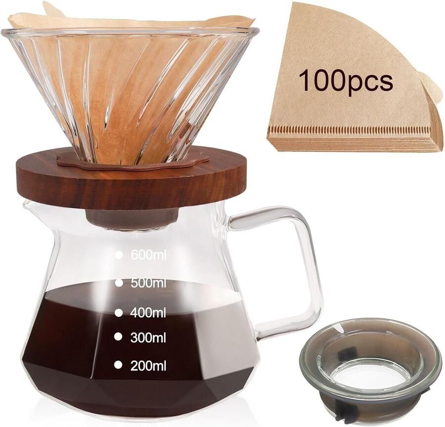 Over Koffiezetapparaat Set Draagbaar Glas Koffiezetapparaat Hoge Borosilicaatglas Eagle Snavel Uitloop Ontwerp Walnoot Houten Basis voor Giet Over voor Dagelijks Brouwen (600 ml met filterpapier)