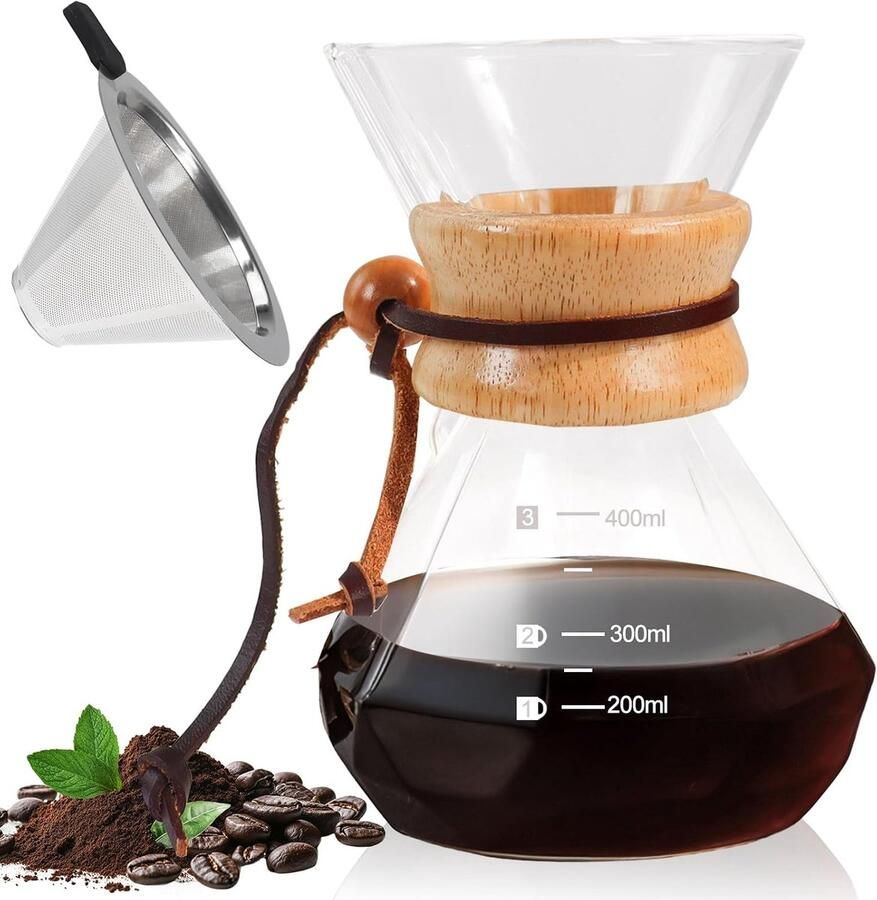 Over Koffiezetapparaat Set Draagbaar Glas Koffiezetapparaat Hoog Borosilicaatglas Eagle Snavel Uitloop Ontwerp Walnoot Houten Basis voor Giet Over voor Dagelijks Brouwen (400 ml met Filter)