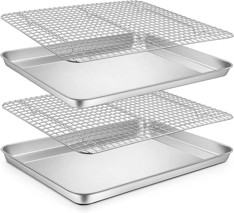 P&P CHEF RVS 17 5 inch koekjesbladen Pannen bakplaten met koelrekken voor roosteren koken oven- en vaatwasmachinebestendig (2 pannen + 2 stellingen)