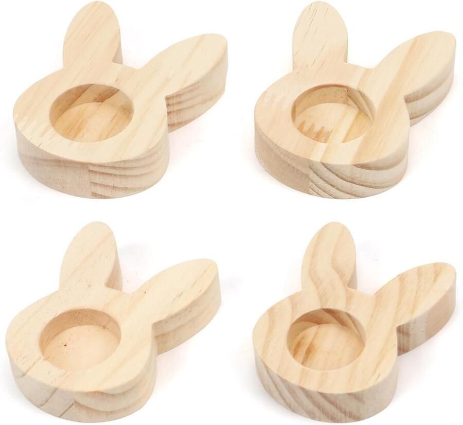 Paaseierdopjes Hout Eierhouders Set Paasontbijt Decoratie Leuk Hazen Design 4 Stuks Houtkleur