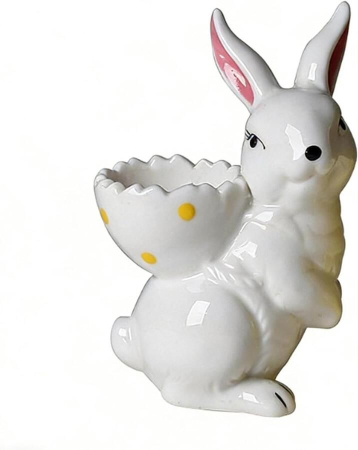 Paashaas Eierdopje Keramische Eierhouder Ontbijt Decoratie Handgeschilderd Design 12.5 cm Hoog Wit