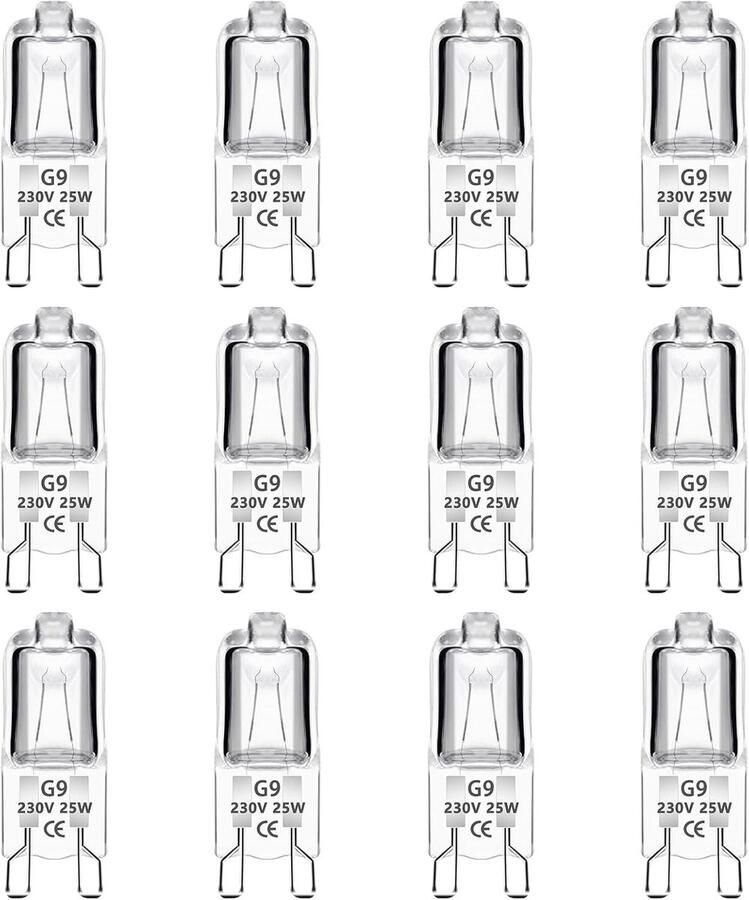 Pack van 12 Halogeen G9 25 W Ovenlampen 230 V Warm Wit 2700 K Dimbaar 250 lm Geschikt voor Oven Magnetron en Kandelaar