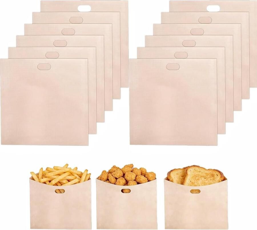 Pack van 12 herbruikbare en wasbare tosti zakken anti-aanbak ideaal voor oven en broodrooster (16 x 16.5 cm)