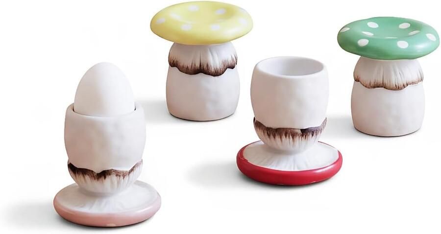 Paddenstoel eierbeker mini taartstandaard voor eiertaarten of snacks. Set van 4 handgemaakte glazuur keramiek zacht gekookt ei houder ontbijt keuken koken (4 kleuren)