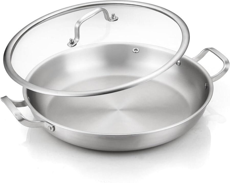 Paella Pan Grote Koekenpan Gezellig Koken Tri-Ply Constructie 33 cm Diameter Zilver