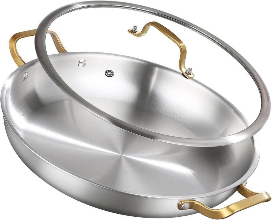 Paella Pan Koekenpan Braadpan Grote Maaltijden Bereiden Drielaagse Roestvrij Staal 35 cm Zilver