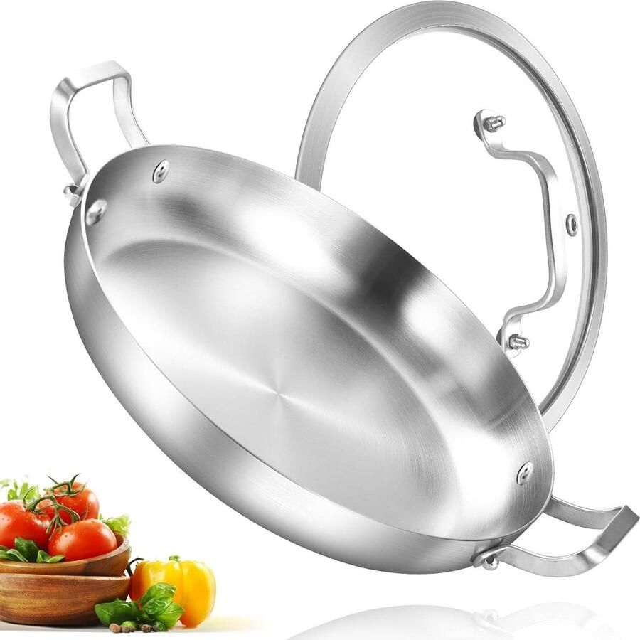 Paella Pan Koekenpan met deksel Grote maaltijden bereiden Tri-Ply constructie 35 cm Zilverkleurig