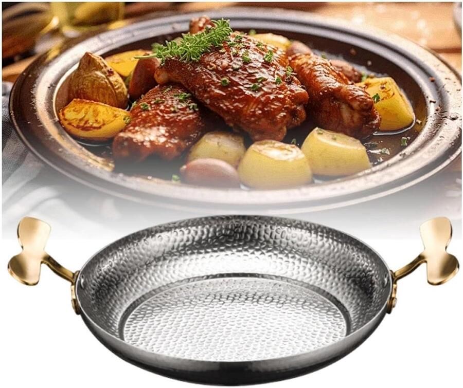 Paella pan Kookgerei Thuis koken Dubbele handgreep Platte bodem Zilverkleurig
